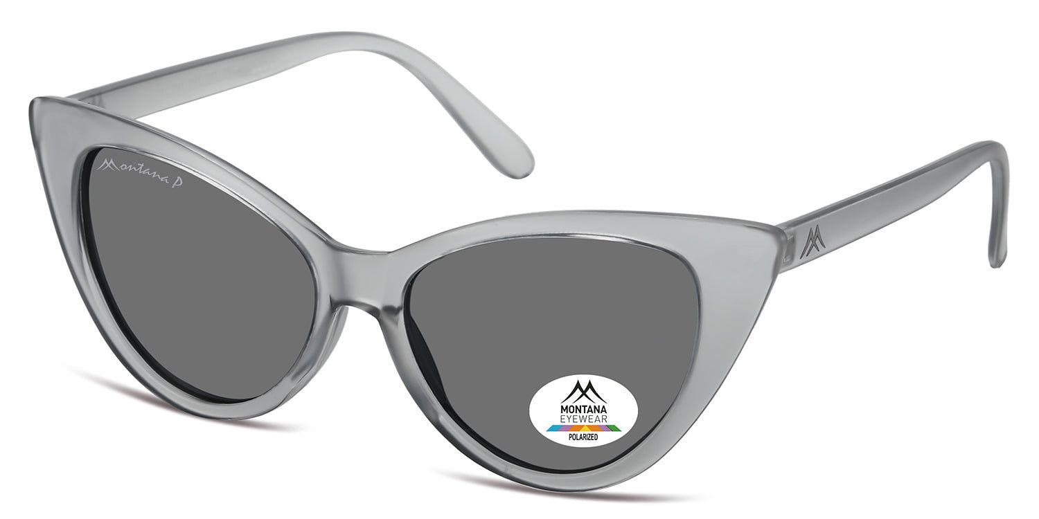 Graue Sonnenbrille mit Katzenaugenform. Montana Eyewear Logo und Polarisations-Aufkleber auf dem Glas. Graue Bügel.