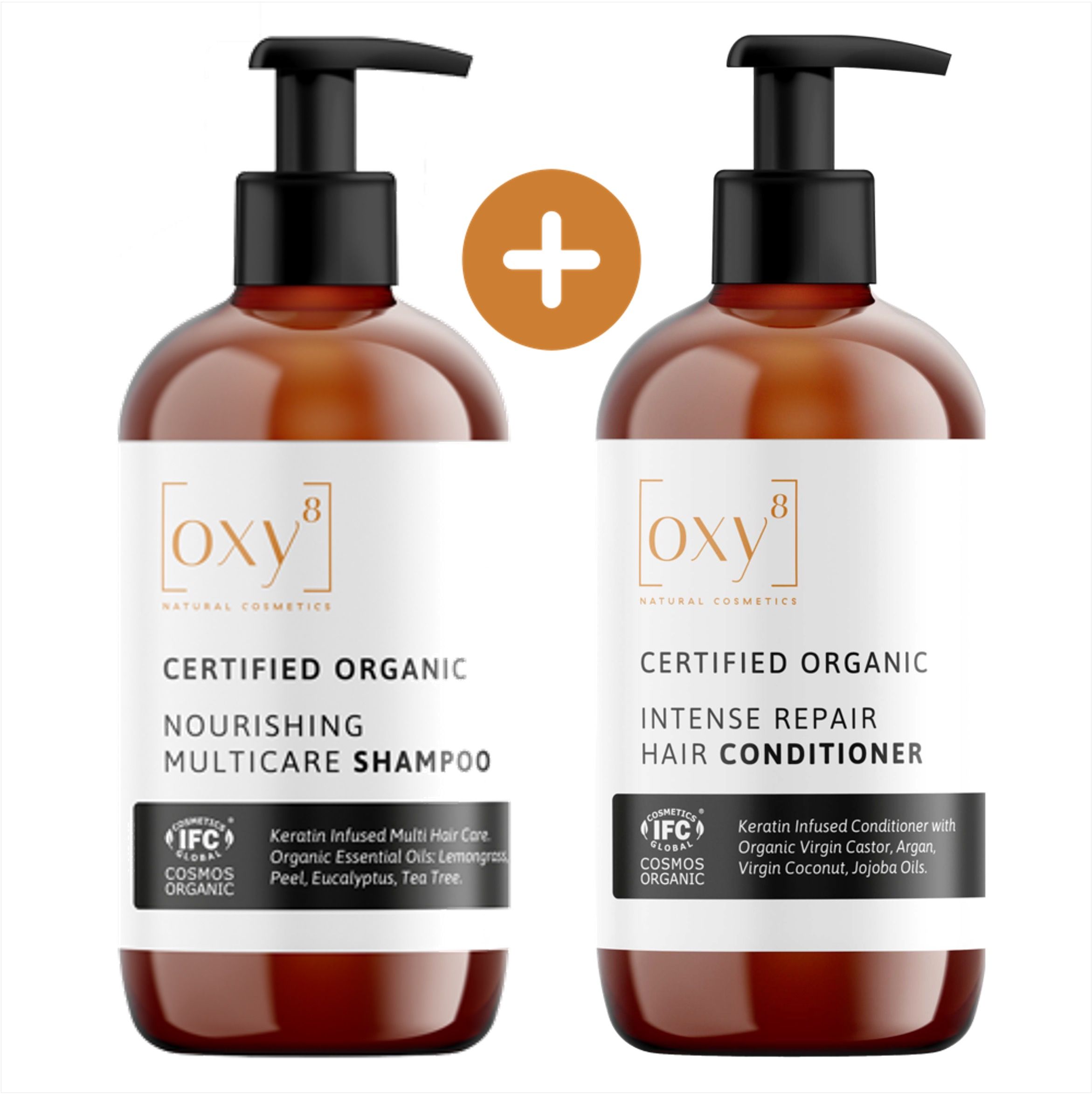 Zwei braune Flaschen mit schwarzem Pumpverschluss. Aufschrift: oxy8 Naturkosmetik. Shampoo und Conditioner.