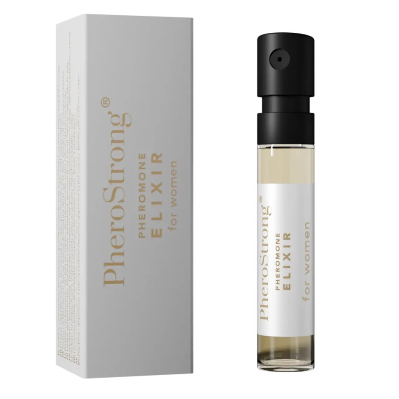 Glasflakon und Verpackung. Flakon mit schwarzem Zerstäuber. Verpackung mit "PheroStrong Elixir for women".