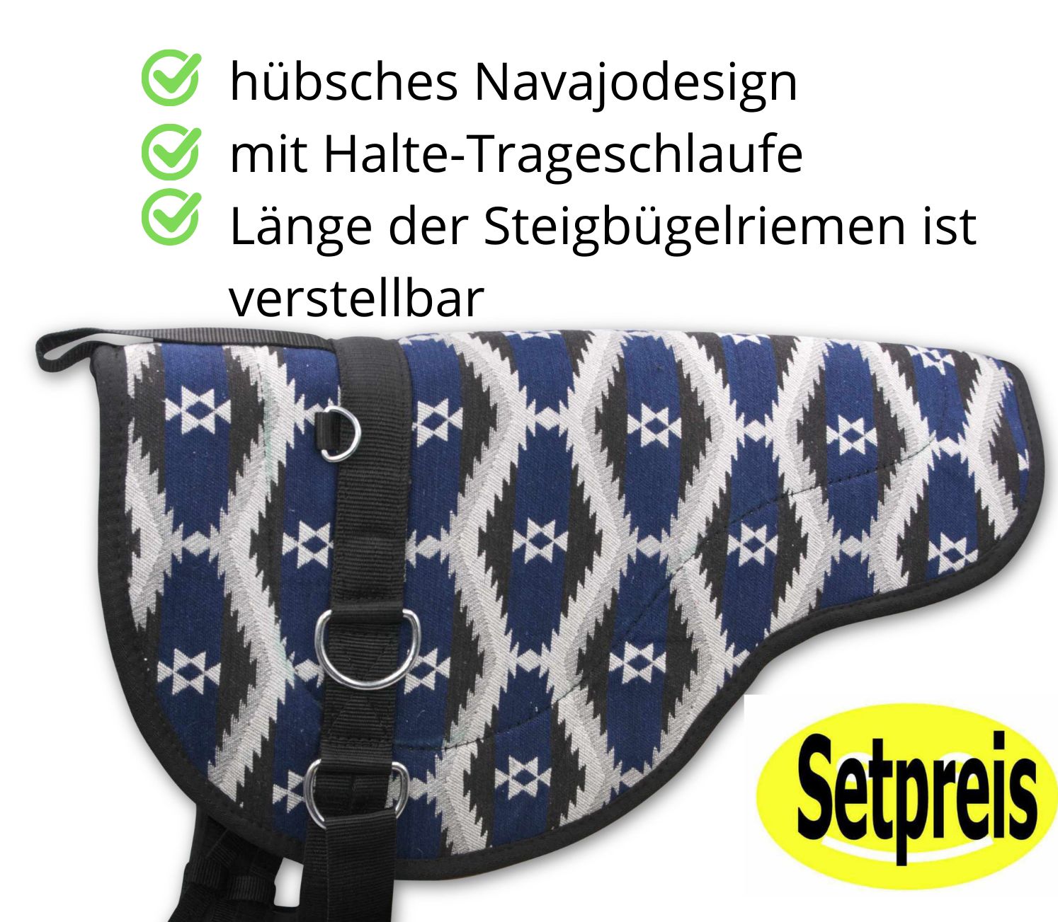 Reitkissen mit blauem Navajo-Muster. Text: hübsches Navajo-Design, mit Halte-Trageschlaufe, verstellbare Steigbügelriemen.