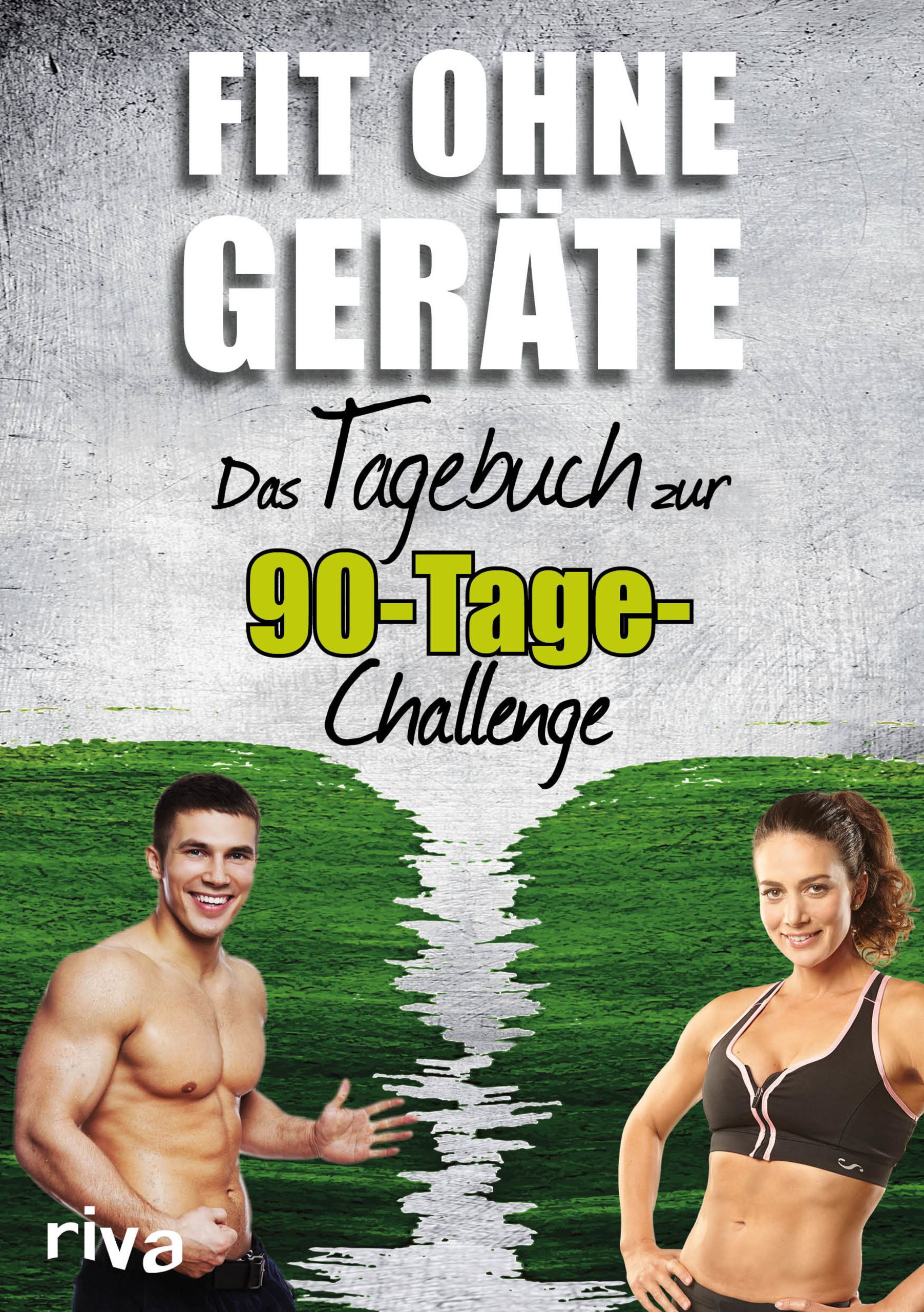 Buchcover mit Titel „Fit ohne Geräte“. Mann und Frau posieren vor grünem Hintergrund. Riva-Logo unten links.