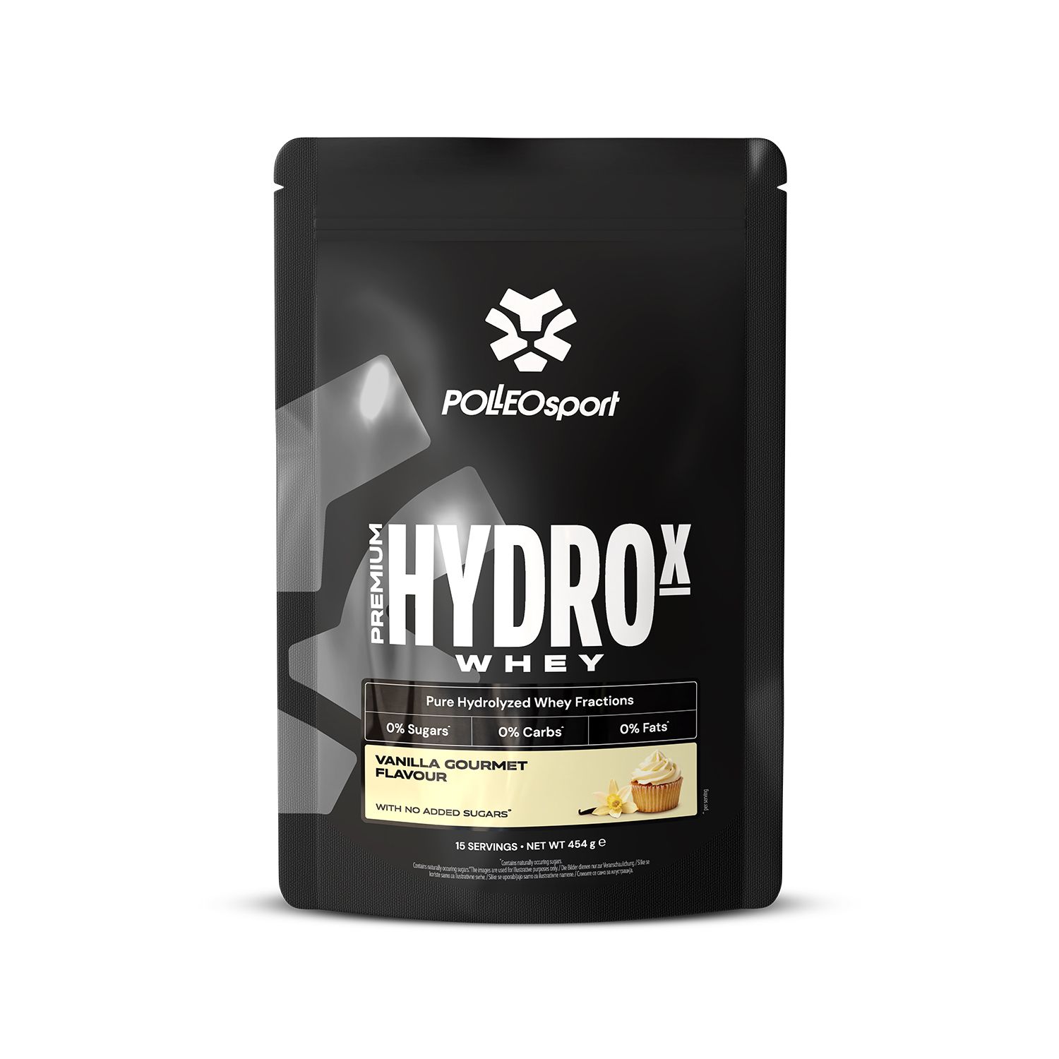 Schwarze Tüte "HYDROX Whey". Vanille-Geschmack, 0% Zucker. Marke Polleo Sport. Enthält 15 Portionen.