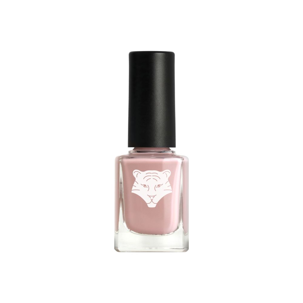 Nagellackflasche mit schwarzem Deckel. Rosa Nagellack. Weißes Tigerlogo auf der Vorderseite.