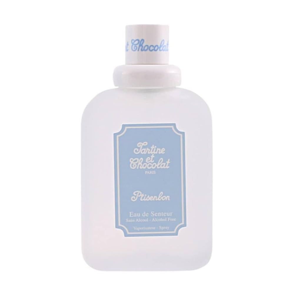 Weiß-blaue Flasche mit Aufschrift „Tartine et Chocolat“. Aufschrift „Eau de Senteur“. Nicht-alkoholisch.
