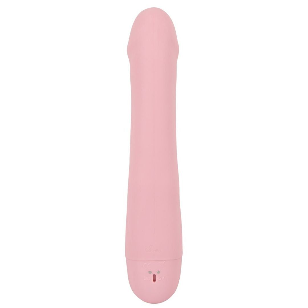 Rosa Vibrator mit Klopf-Funktion. Längliche Form mit abgerundeter Spitze. Unteres Ende mit Knöpfen.