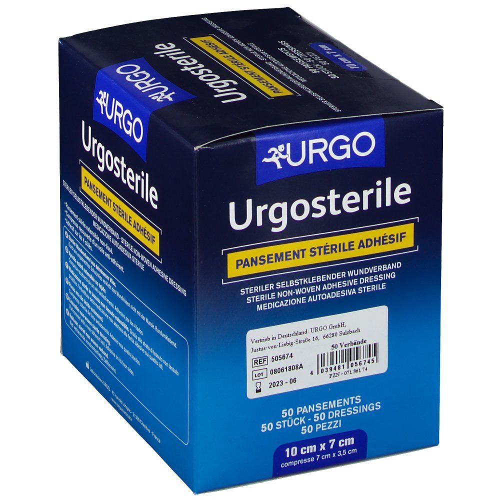 Urgosterile-Verpackung. Enthält 50 sterile Wundverbände, 10 x 7 cm. Blaue Schachtel mit Produktnamen und Logo.