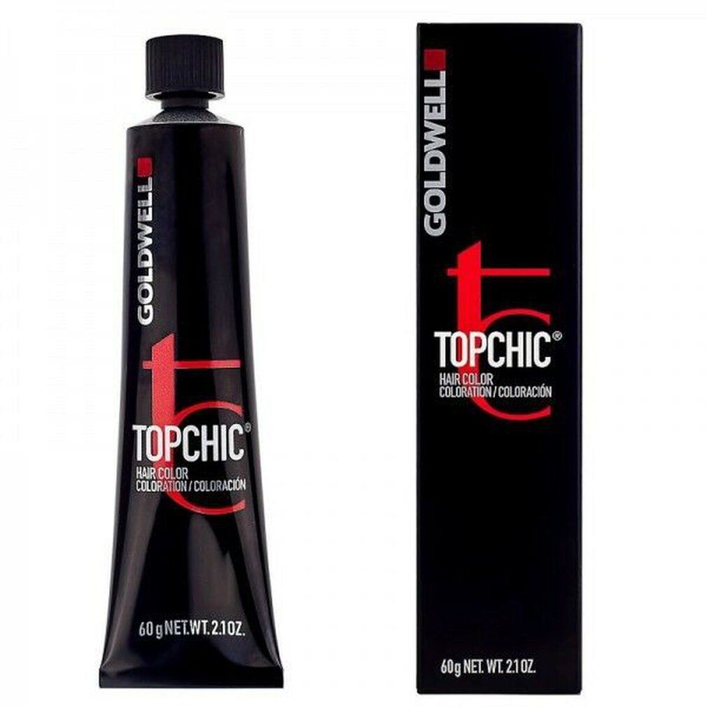 Goldwell Topchic Haarfarbe Tube und Schachtel. Schwarze Tube und Schachtel mit rotem Logo und Text. 60g Netto.