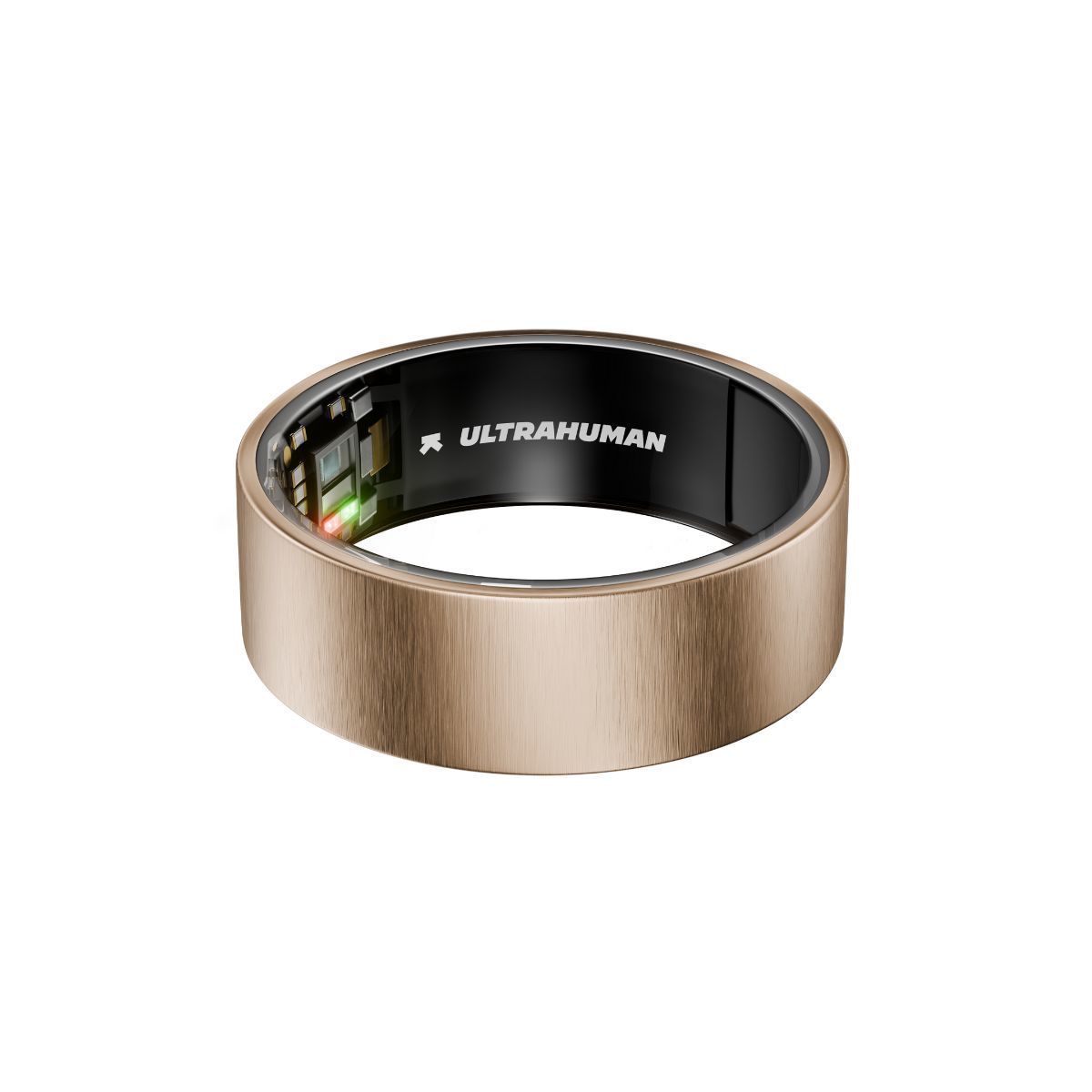 Goldfarbener Ring. Schwarze Innenseite mit Schriftzug. Elektronische Komponenten sichtbar.
