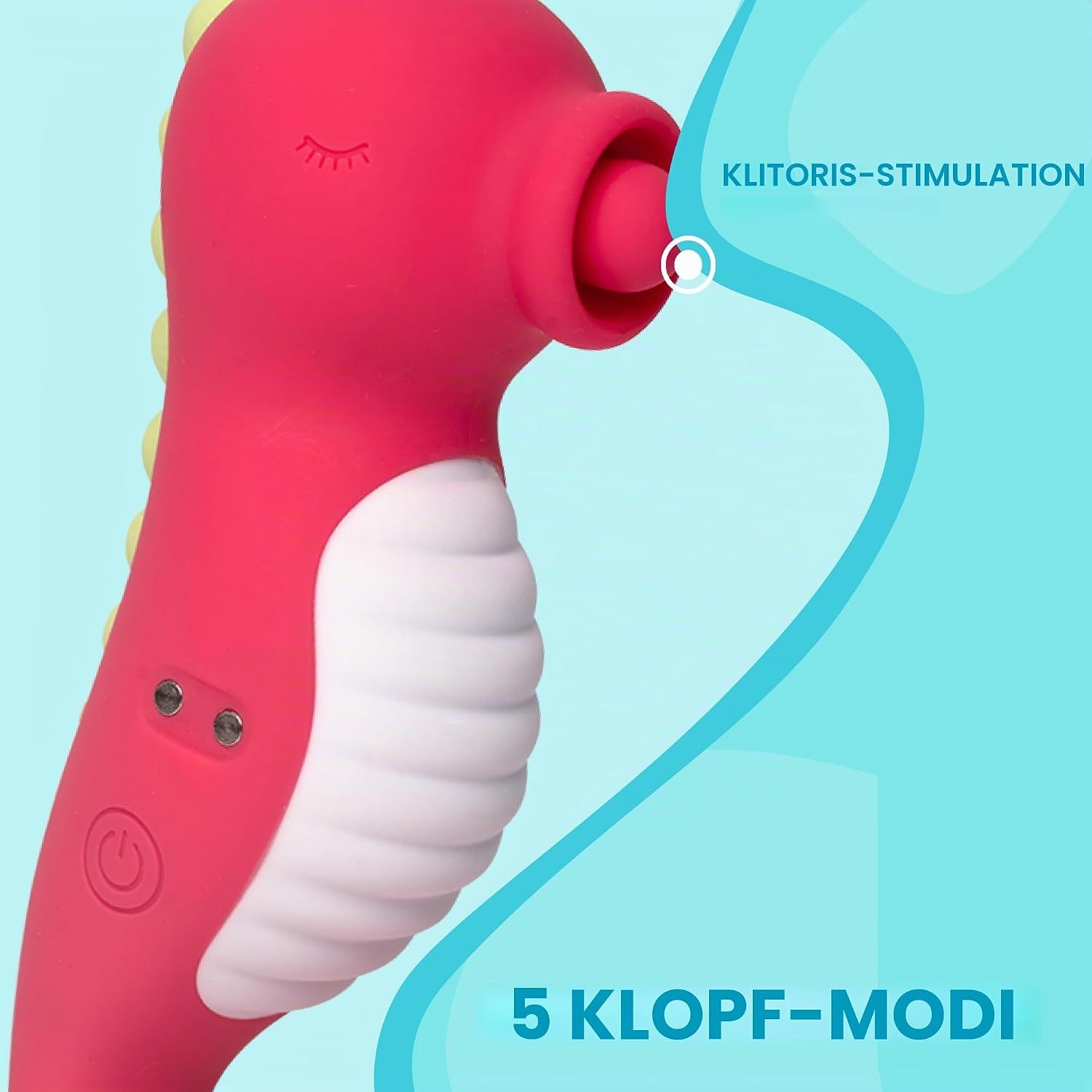Roter Vibrator in Dinosaurierform mit weißem Bauch und gelben Stacheln.