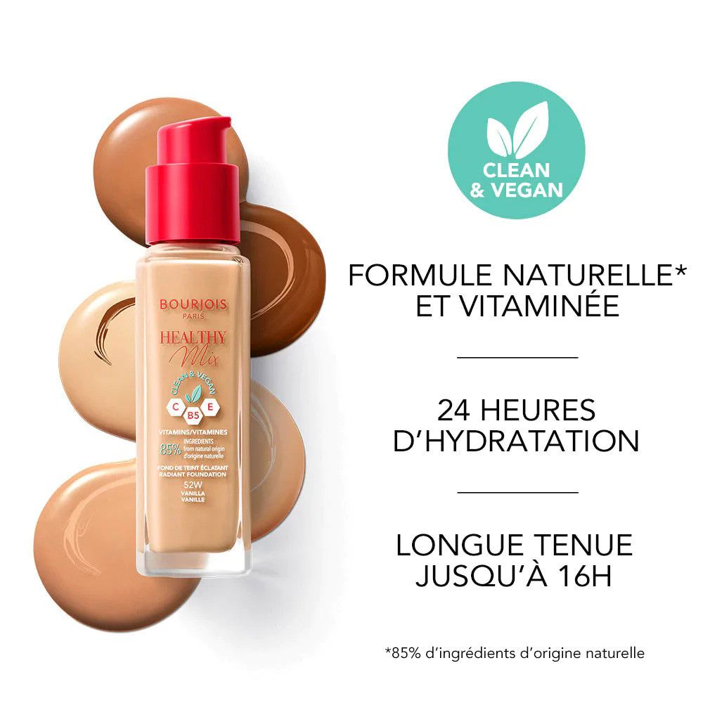 Bourjois Healthy Mix Foundation mit Farbtönen. Text: Formel natürlich und vitaminreich, 24 Stunden Hydratation, lange Haltbarkeit bis zu 16 Stunden.