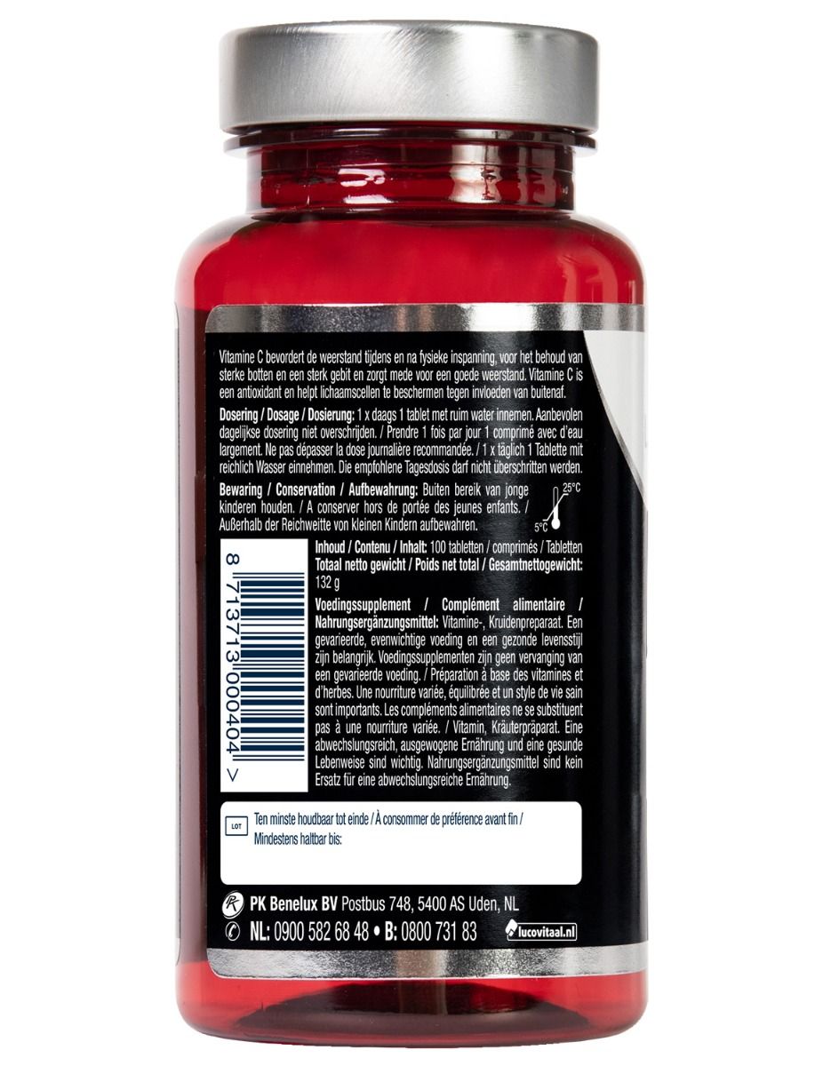 Rückseite einer Flasche Lucovitaal Vitamin C 1000 mg mit Barcode und Herstellerinformationen.