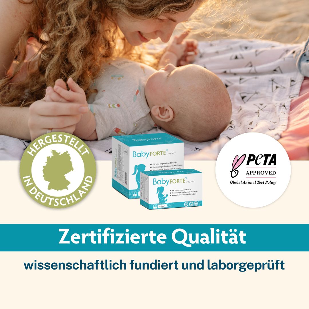 Zwei BabyFORTE-Verpackungen. Aufschrift: Zertifizierte Qualität, wissenschaftlich fundiert. Siegel: Hergestellt in Deutschland. PETA-Siegel.