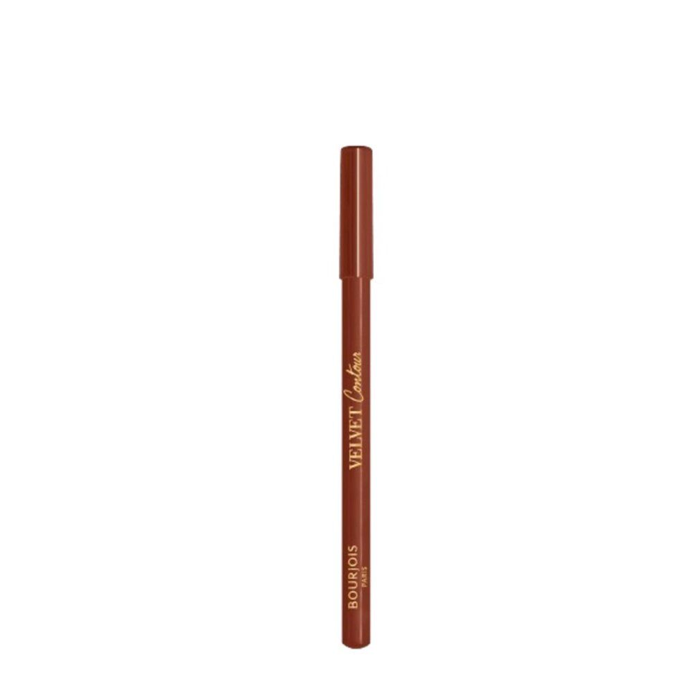 Brauner Lippenkonturenstift mit aufgesetzter Kappe. Aufschrift: Velvet Contour, Bourjois Paris.