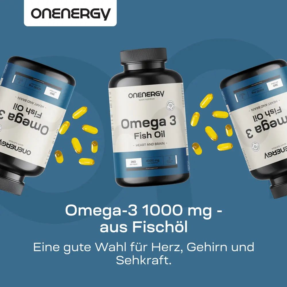 Flasche OnEnergy Omega-3 Fischöl, Kapseln und Nahaufnahme von Kapseln.