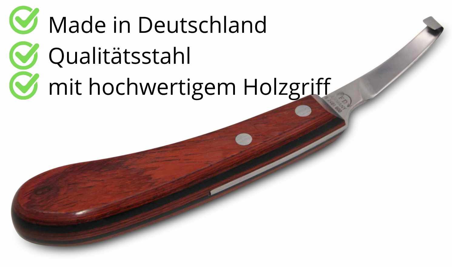 Hufmesser mit Holzgriff. Text: Made in Deutschland, Qualitätsstahl, mit hochwertigem Holzgriff. Klinge gebogen.