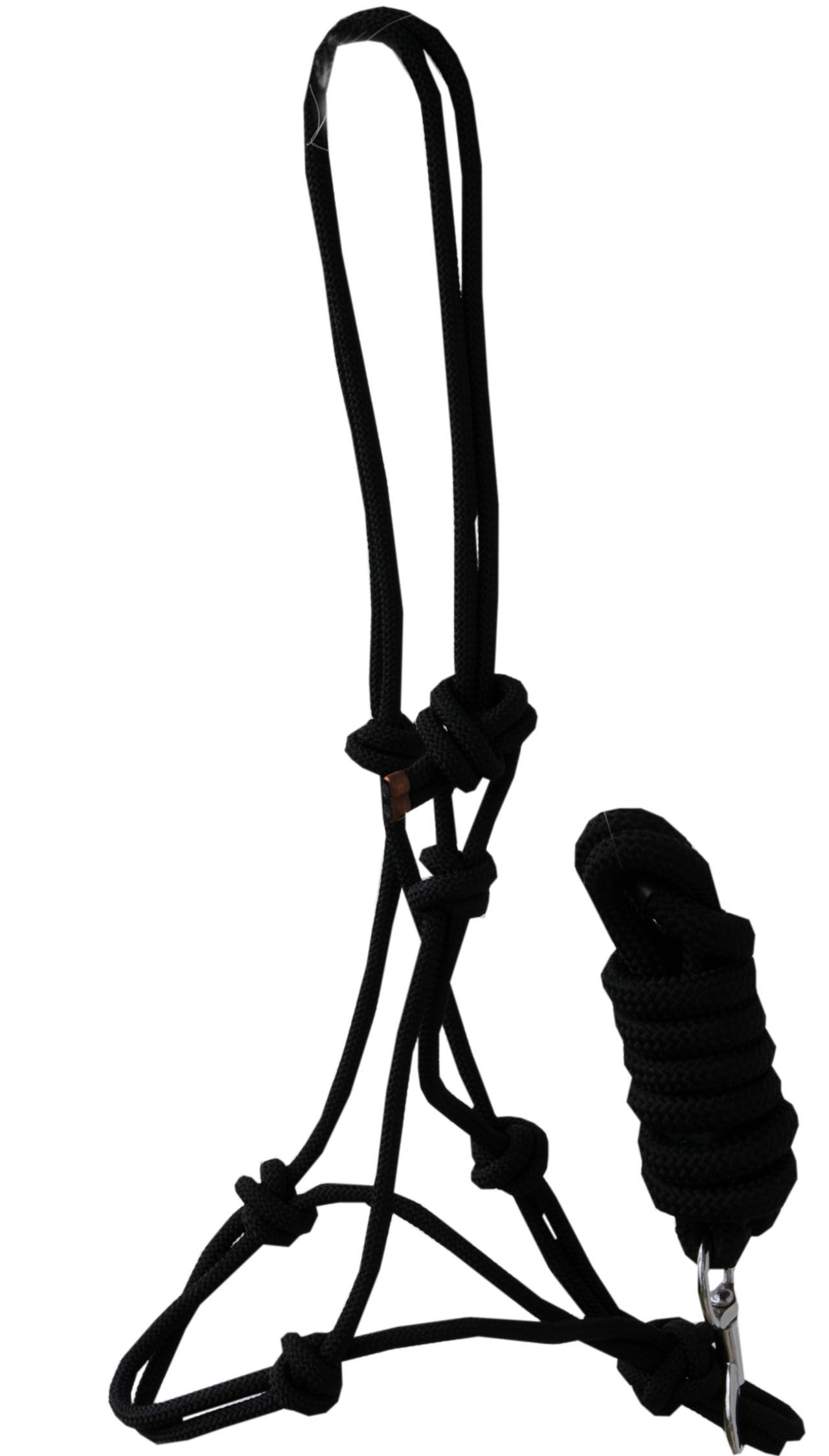 Schwarzes Knotenhalfter mit Führstrick. Seil mit Metallkarabiner.