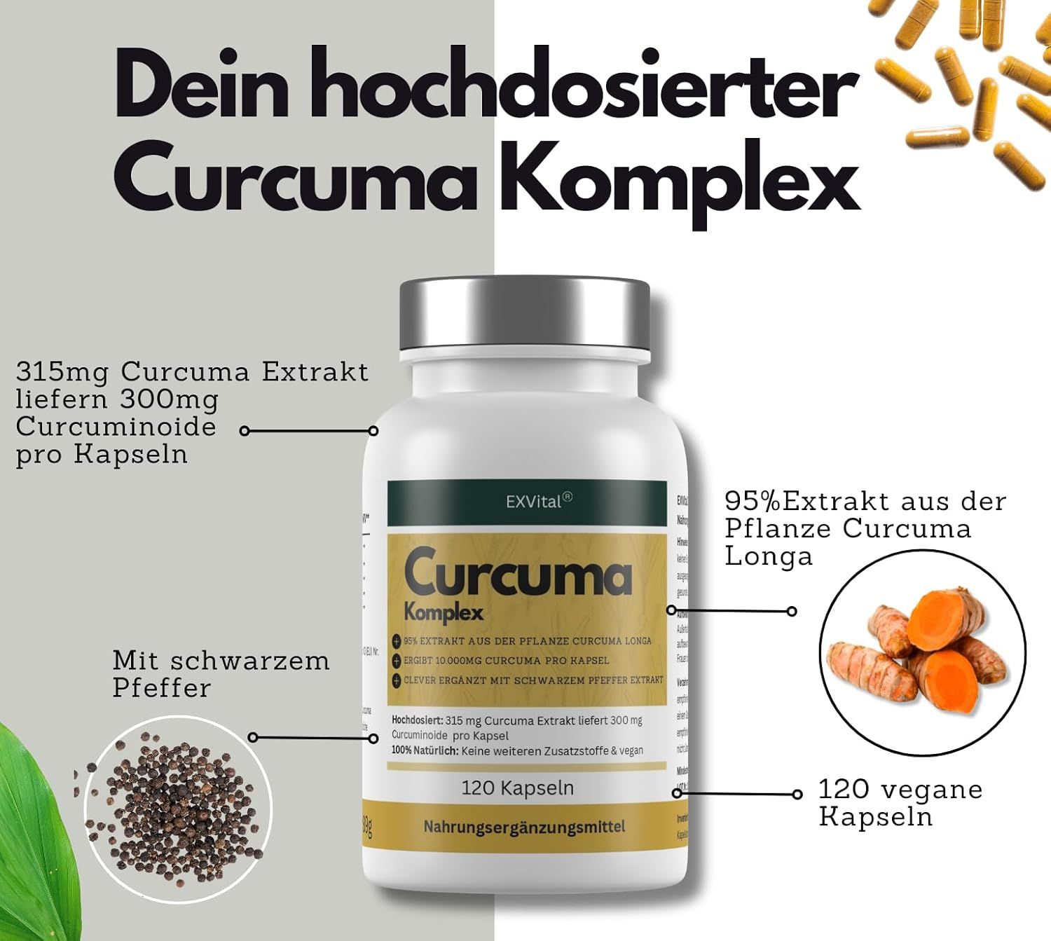Weißes Pillenbehälter mit silbernem Deckel. Aufschrift: EXVital Curcuma Komplex. Enthält 120 Kapseln. Zusätzliche Informationen und Abbildungen.