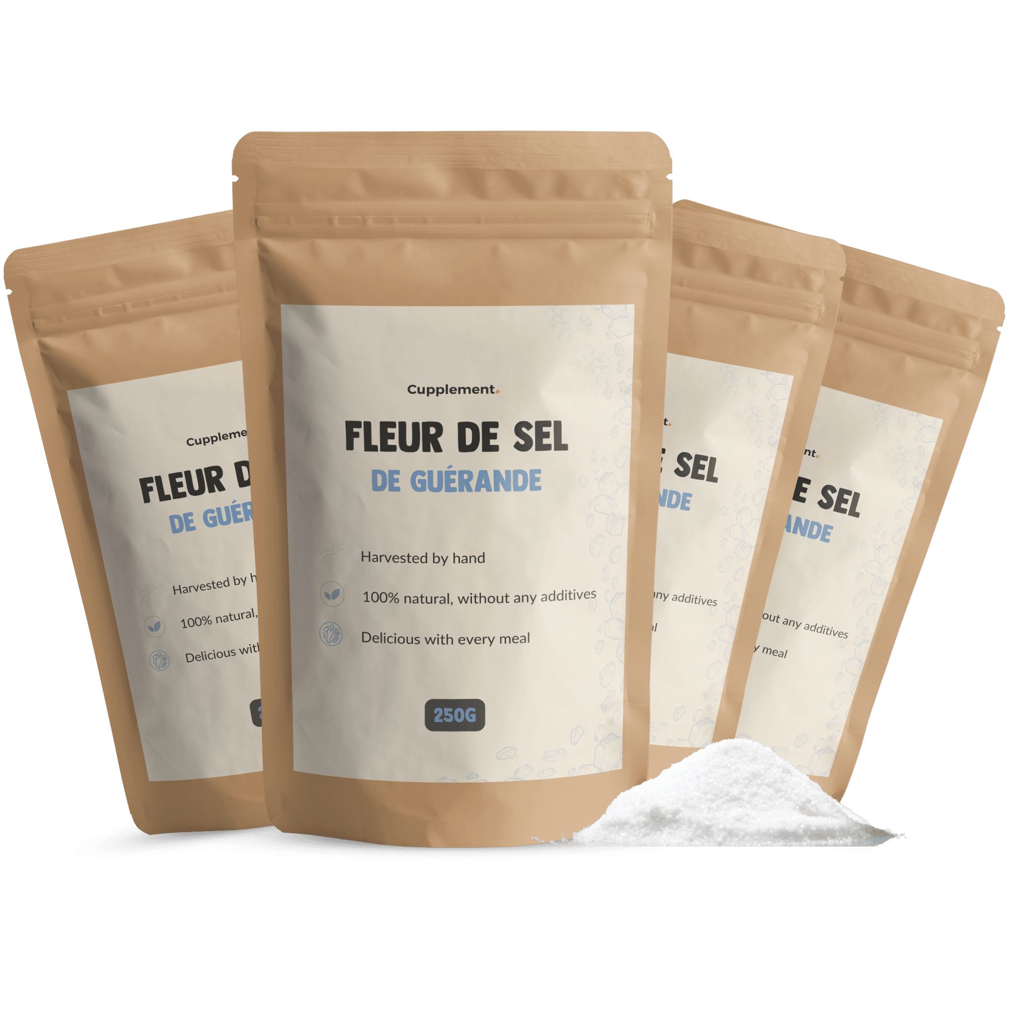 Mehrfachpackung Cupplement® Salzblume von Guérande. Vier Beutel mit weißem Salz, 250g. Aufschrift: Fleur de Sel de Guérande.