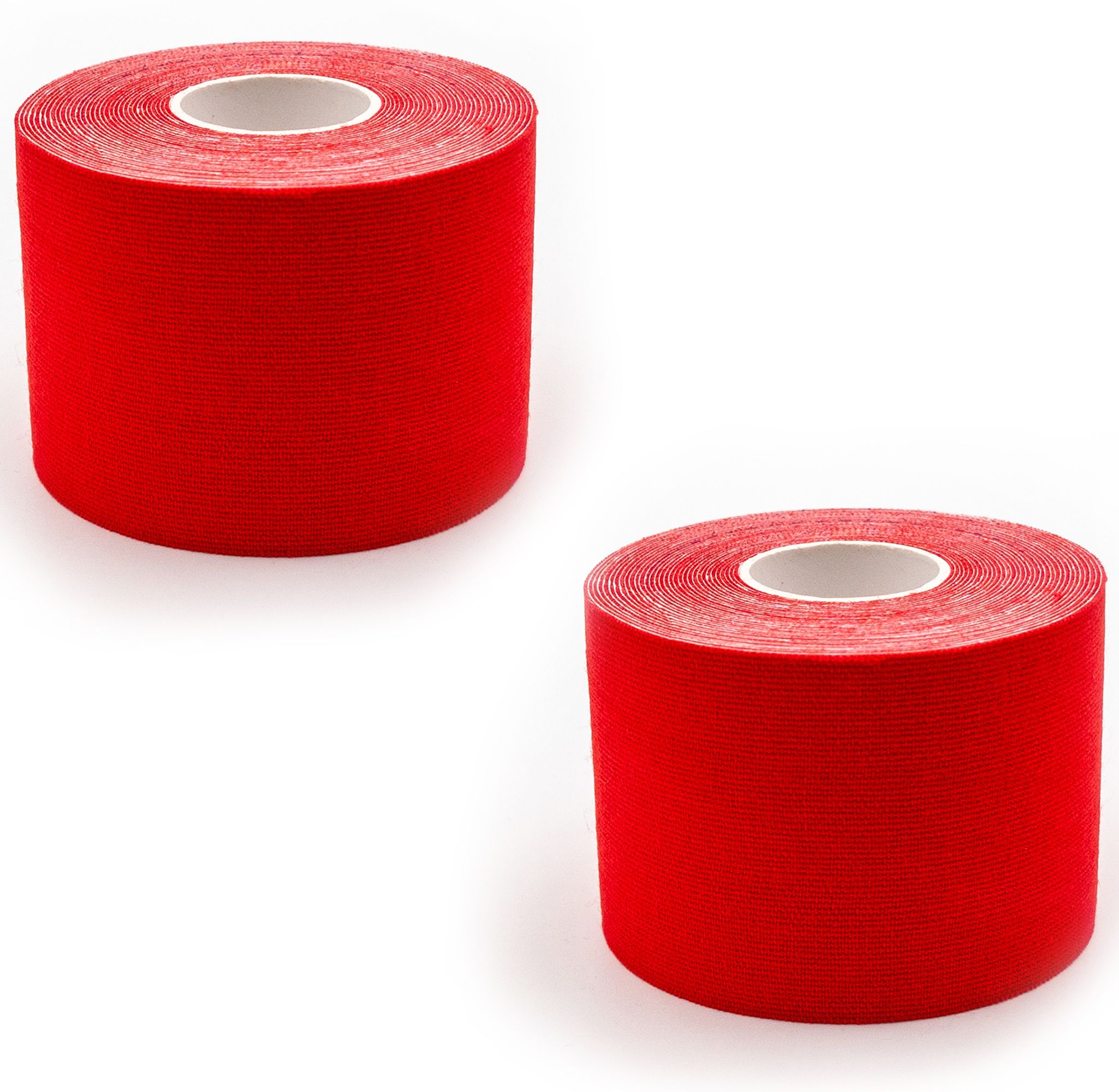 Zwei Rollen rotes Kinesiologie-Tape, nebeneinander auf weißem Hintergrund. Die Rollen sind identisch, mit weißem Kern und roter, texturierter Oberfläche.