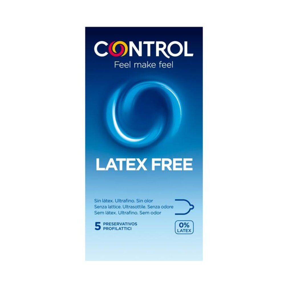 Control Latex Free Kondompackung, 5 Stück. Blaues Design mit Kreis-Symbol.