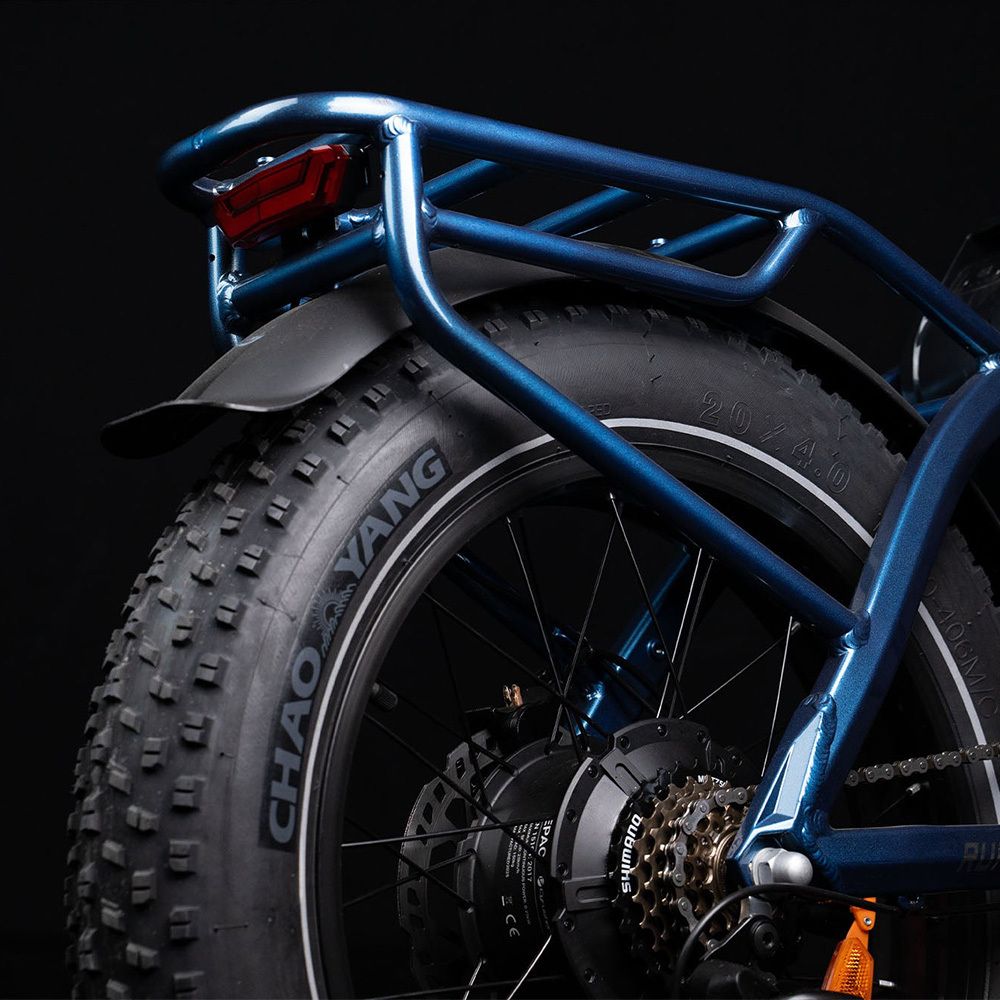 Nahaufnahme des Hinterrads eines blauen E-Bikes. Schwarzer Reifen mit Aufschrift CHAO YANG. Gepäckträger und Rücklicht.