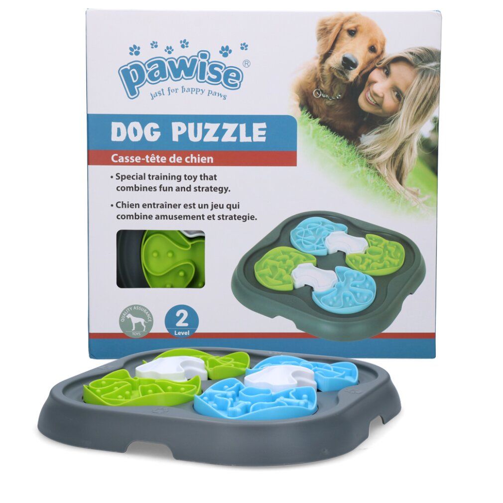 Verpackung mit Hunde-Puzzle. Produktname Pawise. Abbildung eines Hundes und einer Frau. Level 2.