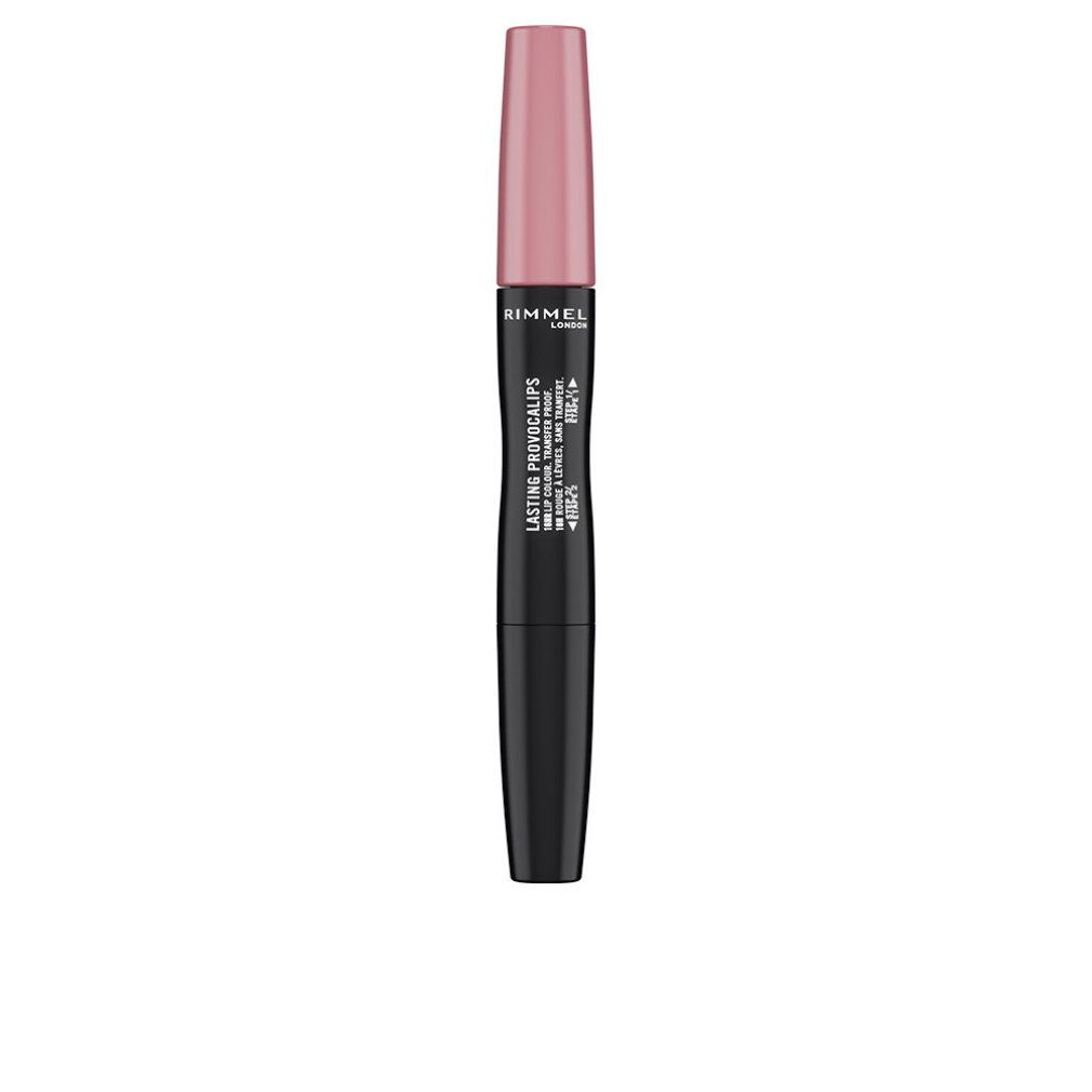 Lippenstift mit schwarzem Gehäuse und rosafarbenem Deckel. Aufschrift: Rimmel London Lasting Provocalips.