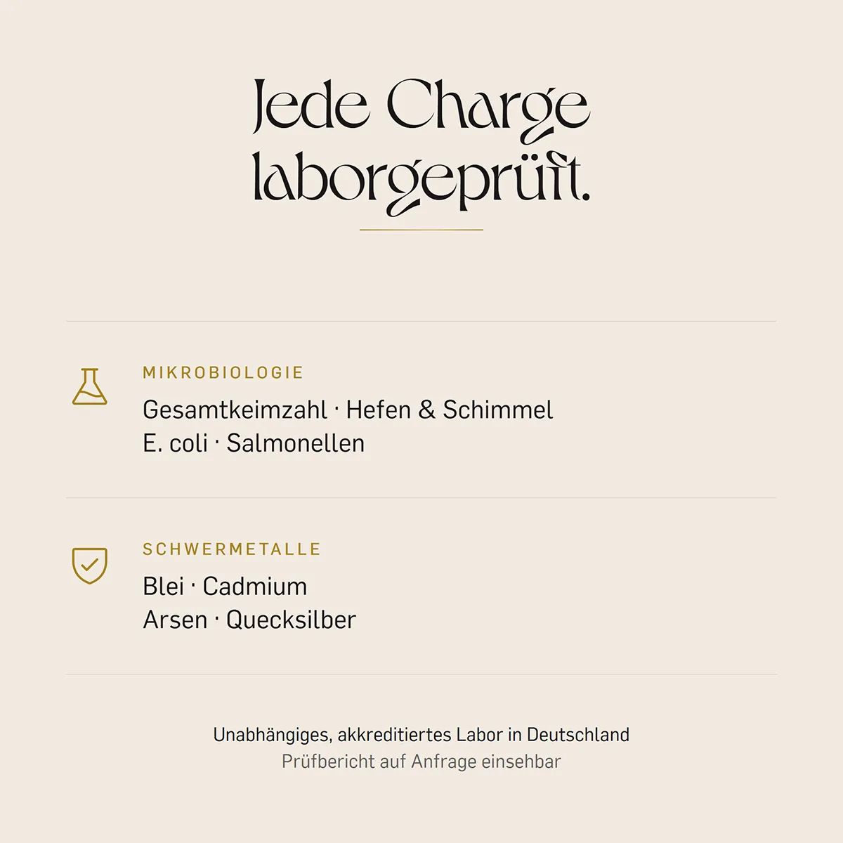 Laborprüfung von Kurkraft 5-HTP Kapseln: Mikrobiologie (Gesamtkeimzahl, E. coli, Salmonellen) und Schwermetalle.