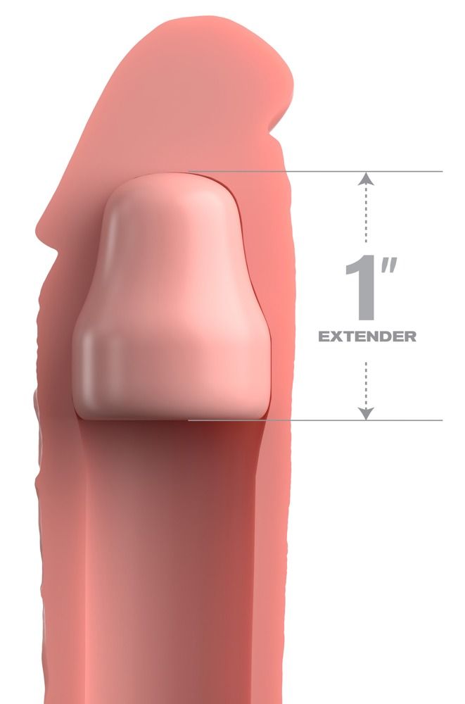 Nahaufnahme eines Fleshlight-Extenders. Zeigt eine 1" Verlängerung. Rosa Material.