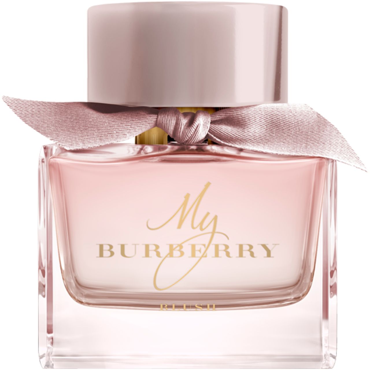 Glasflakon mit rosa Flüssigkeit, rosa Verschluss und Schleife. Aufschrift My Burberry Blush.