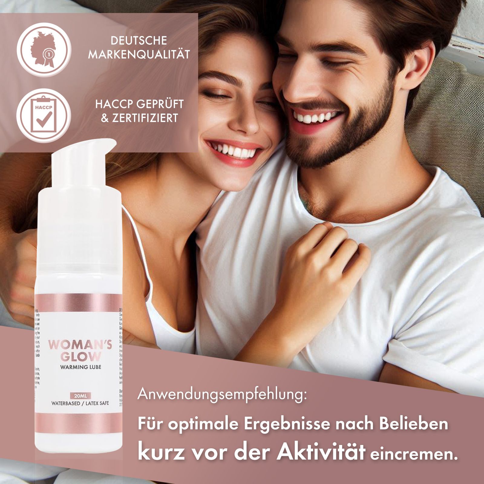 WOMAN'S GLOW Warming Lube. Produkt und Verpackung. Text: 'Anwendungsempfehlung'. HACCP geprüft & zertifiziert. Deutsche Markenqualität.