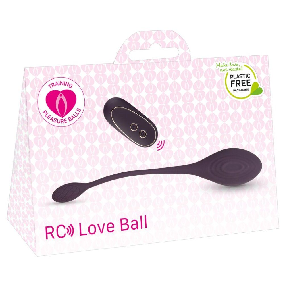 Verpackung mit RC Love Ball und Fernbedienung. Aufdruck: Training Pleasure Balls. Kunststofffreie Verpackung.