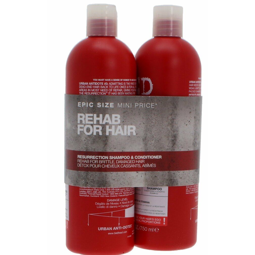 Zwei rote Flaschen mit weißem Deckel. Aufschrift: BED HEAD TIGI. Text: REHAB FOR HAIR. Verpackt mit Band.