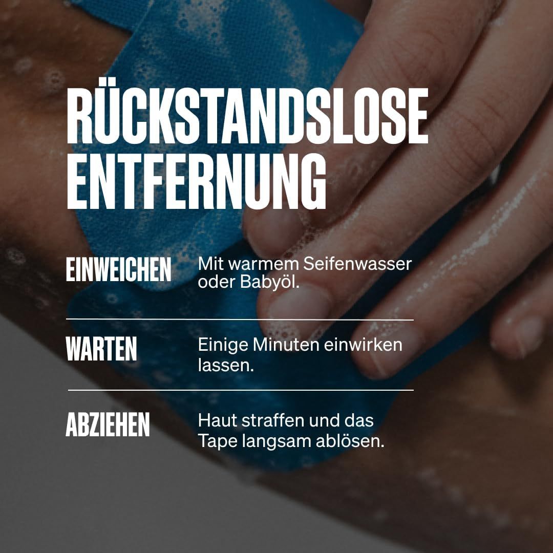Entfernung von Kinesiologie-Tape: Einweichen mit warmem Seifenwasser oder Babyöl, warten, langsam abziehen.