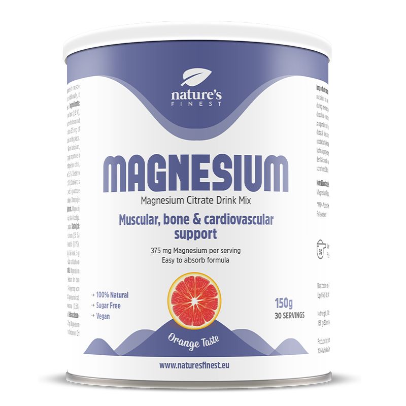 Zylinderdose mit "Nature's Finest Magnesium". Enthält Magnesium Citrat Drink Mix. Orange Geschmack. 150g, 30 Portionen. Vegan, zuckerfrei, natürlich.
