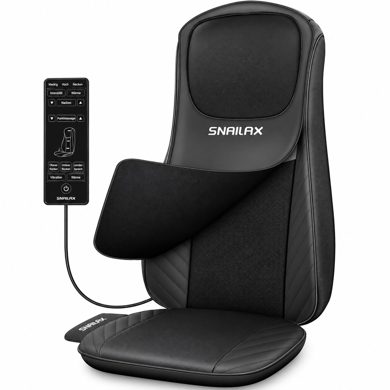 Schwarze Massage-Sitzauflage mit abnehmbarer Kopfstütze, Fernbedienung und Netzteil.