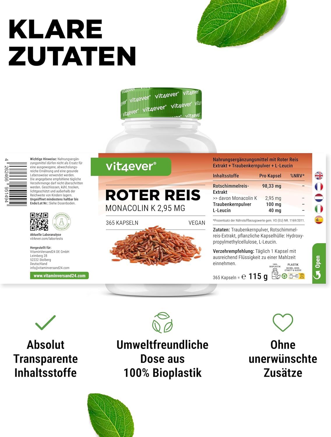Vit4ever Roter Reis Extrakt-Behälter mit Etikett. 365 Kapseln, vegan. Zusätzliche Informationen in mehreren Sprachen.