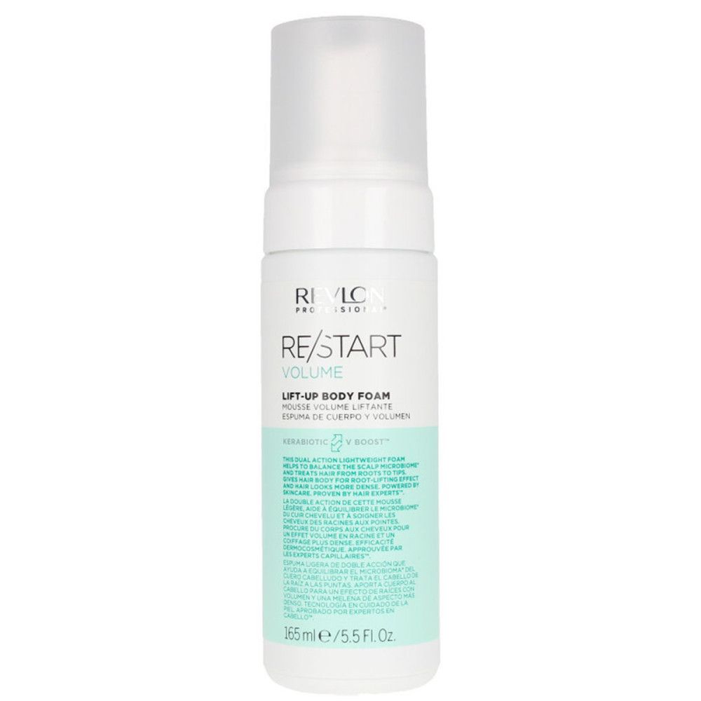 Weißes Revlon Re-Start Volume Lift-Up Body Foam. Flasche mit Sprühkopf. Text: RE/START VOLUME, Lift-Up Body Foam, 165 ml/5.5 fl.oz.