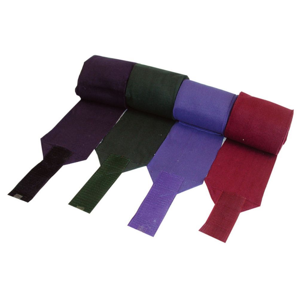 Vier farbige Fleece Bandagen, gerollt und mit Klettverschluss. Farben: Lila, Grün, Violett, Rot.