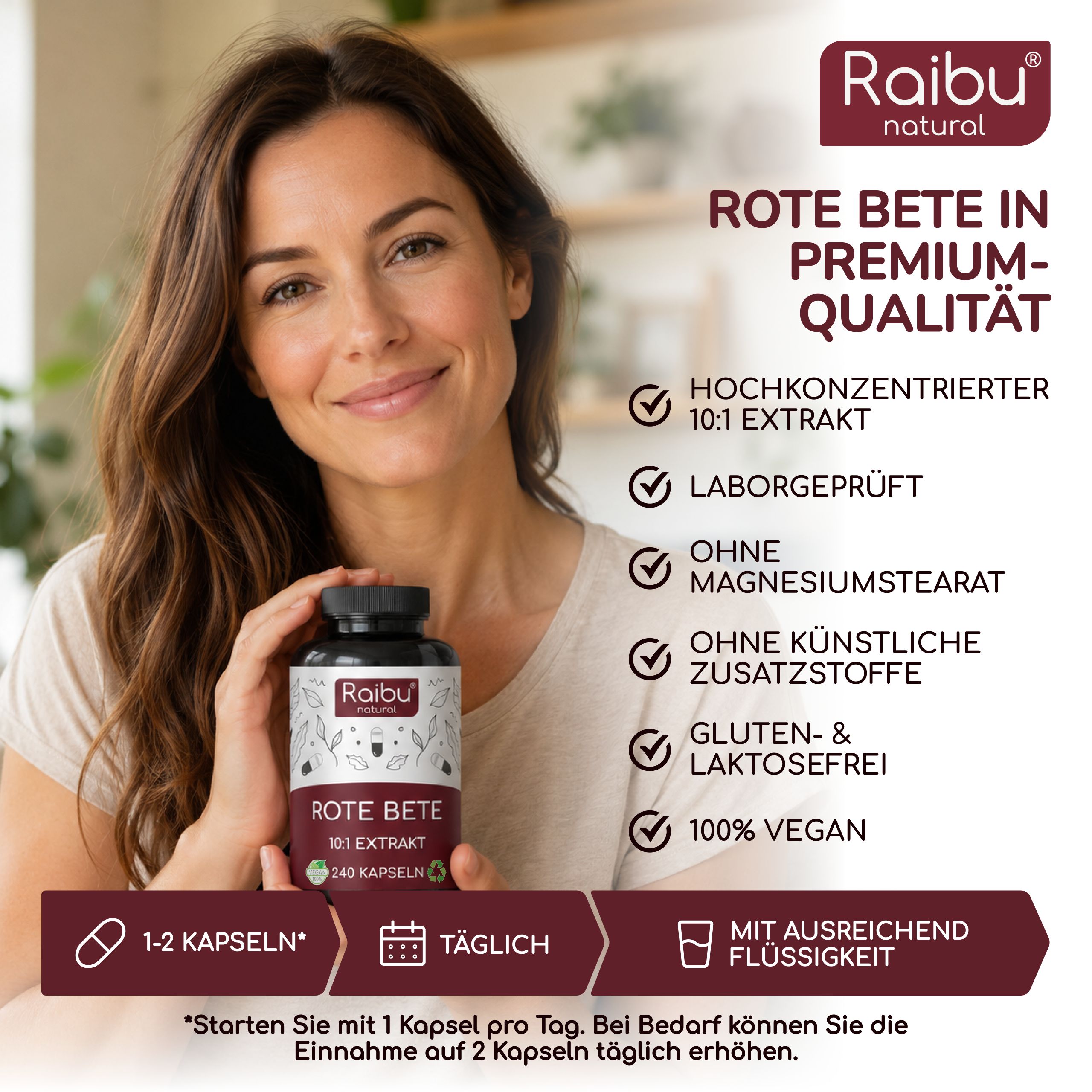 Rote Beete Kapseln Hochdosiert 14.000 mg - Vegan - 10:1 Extrakt mit natürlichen Nitraten - RAIBU