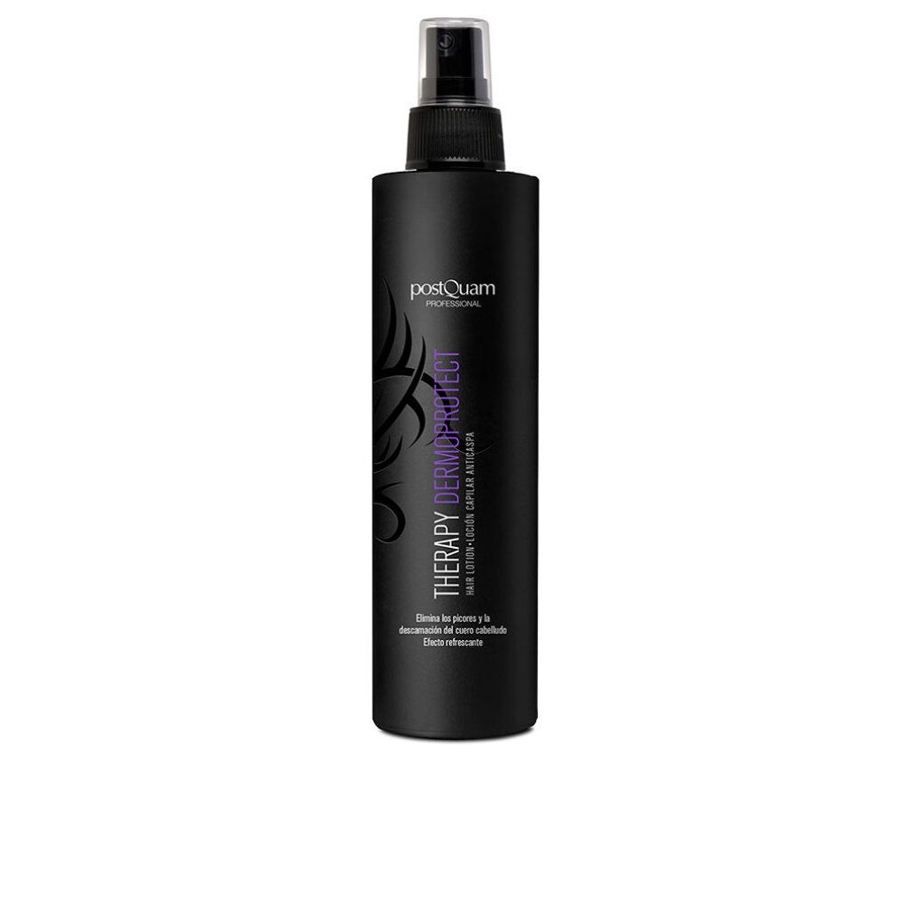 Schwarze Sprühflasche mit weißem Logo und lila Text. Transparenter Sprühkopf. Aufschrift: THERAPY DERMOPROTECT.