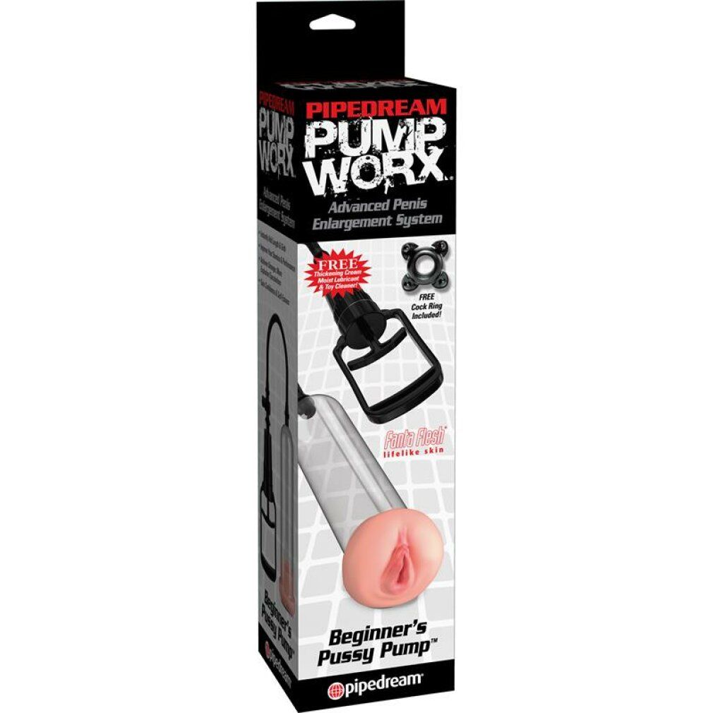 Verpackung mit Pumpe, schwarzem Griff, transparentem Zylinder und rosa Öffnung. Text: Pump Worx, Beginner's Pussy Pump, Free Cock Ring.