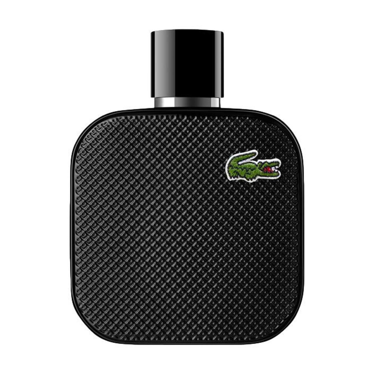 Schwarzer Flakon mit geprägter Oberfläche und Kappe. Grünes Krokodil-Logo. 