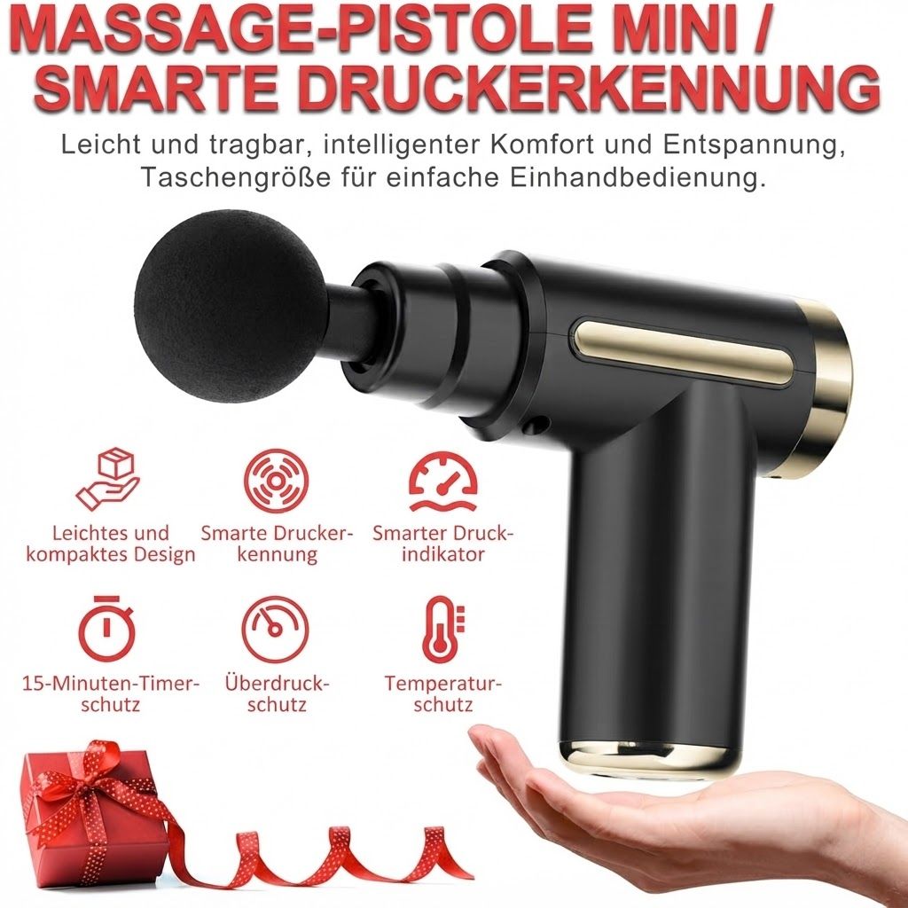 Schwarze Massagepistole mit goldenen Akzenten und runder Massagekopf-Aufnahme. Zeigt verschiedene Muskelgruppen an.