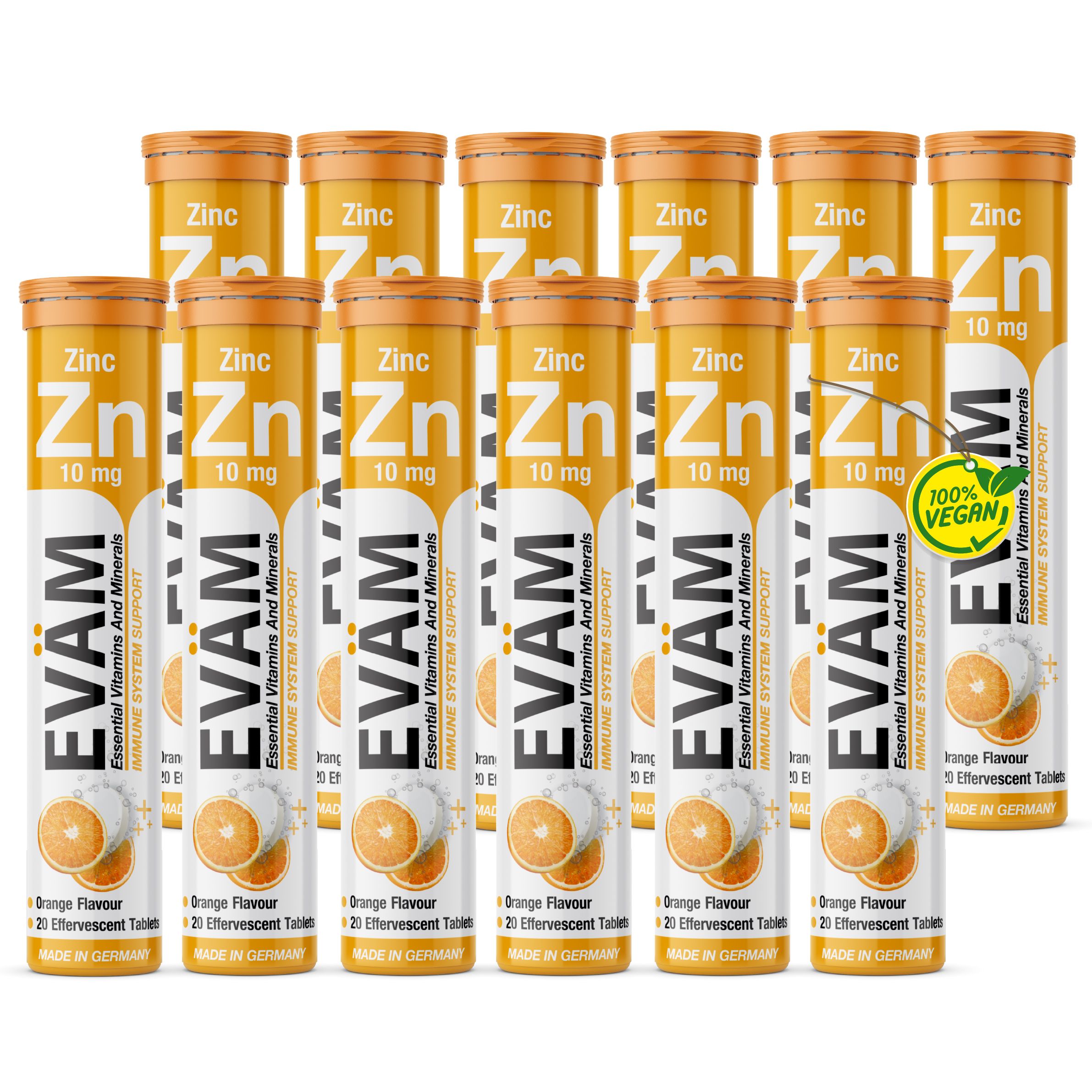 12 Packungen EVÄM Zink Brausetabletten. Jede Packung enthält 20 Tabletten. Vegan-Siegel. Made in Germany.