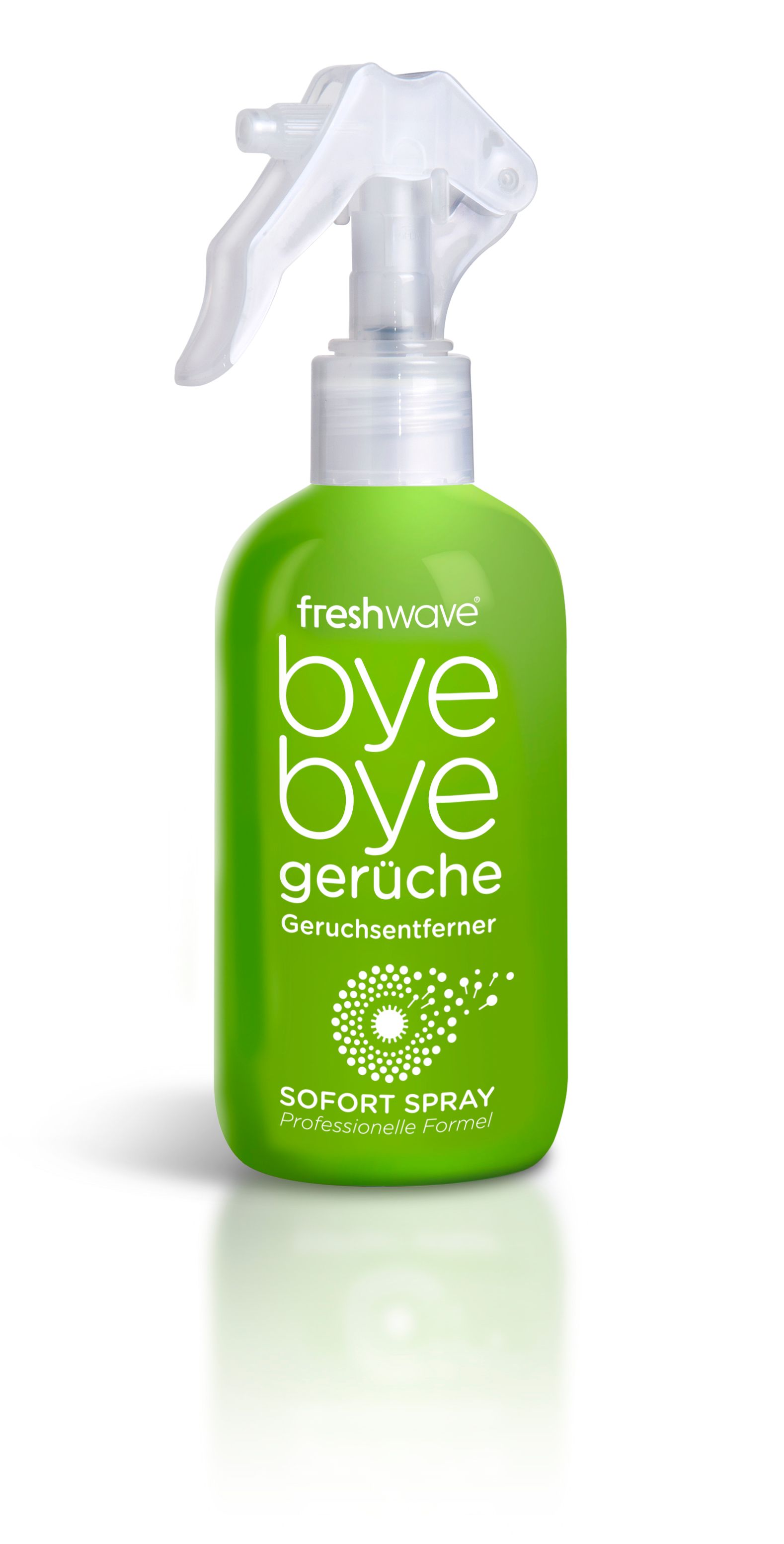 Grüne Sprühflasche mit weißem Sprühkopf. Aufschrift: freshwave bye bye gerüche. Sofort Spray. Professionelle Formel.