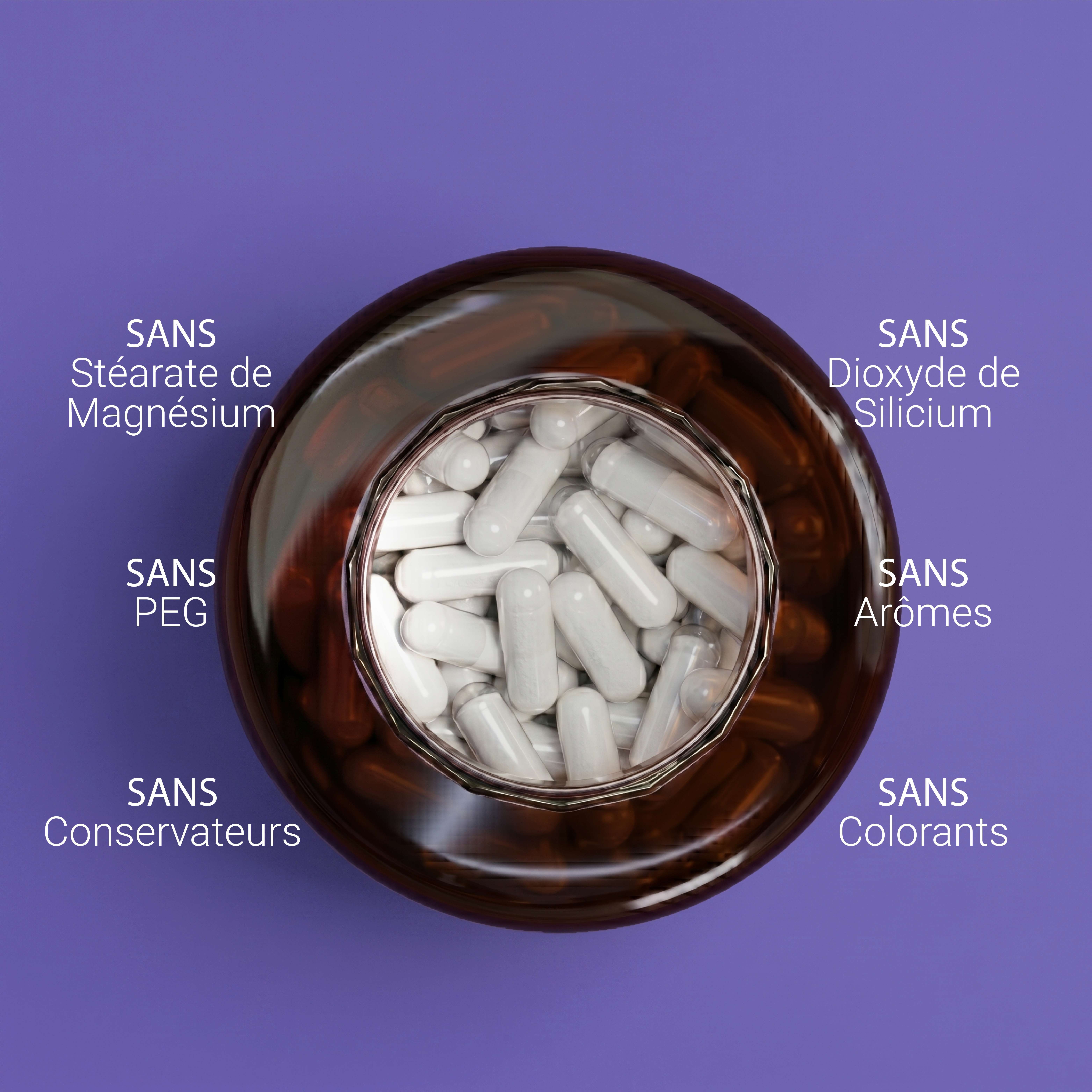 Braune Pillendose mit weißen Kapseln, frei von Magnesiumstearat, PEG, Konservierungsstoffen, Siliziumdioxid, Aromen und Farbstoffen.