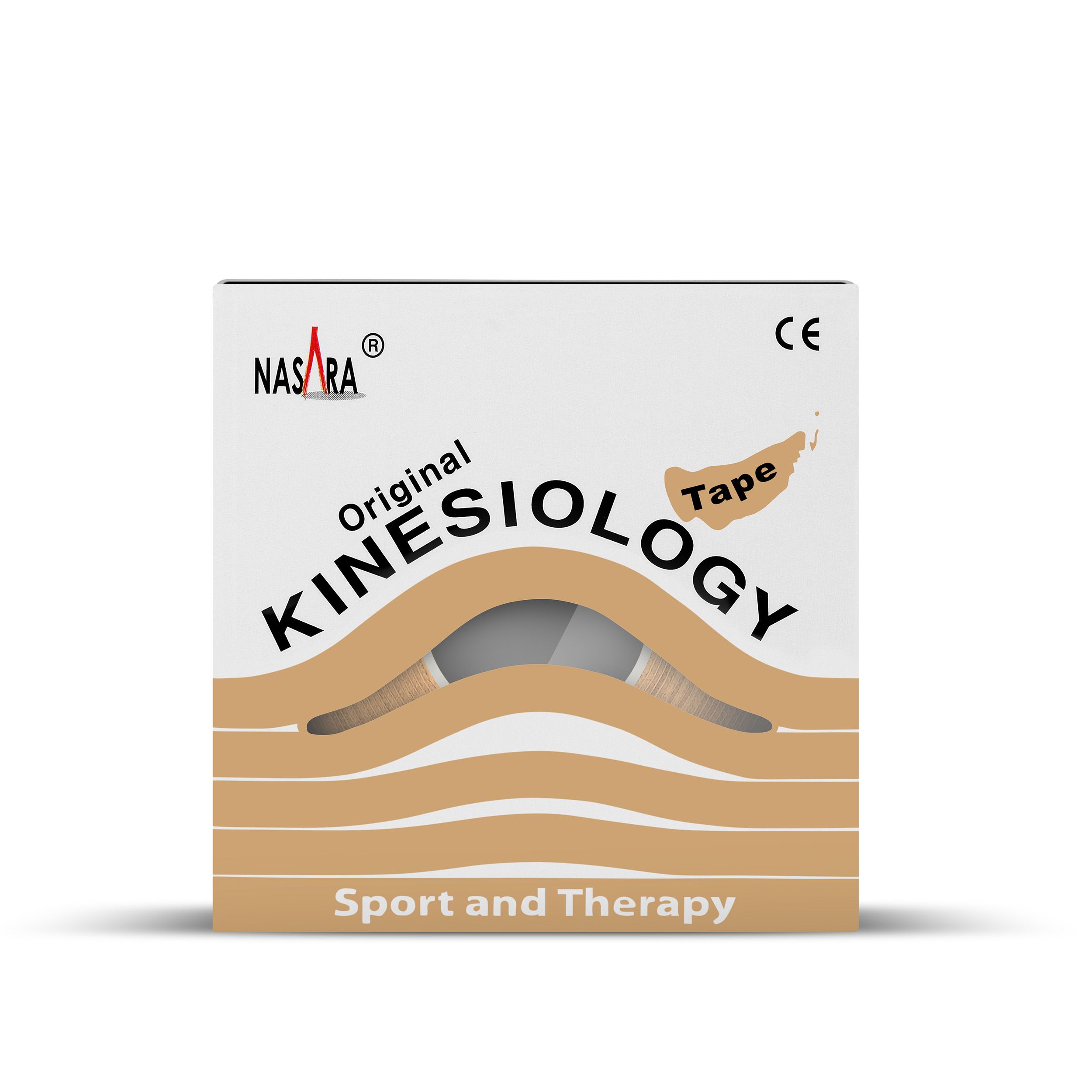 Box mit NASARA Original Kinesiology Tape. Beige, mit CE-Zeichen. Aufschrift: Sport and Therapy.