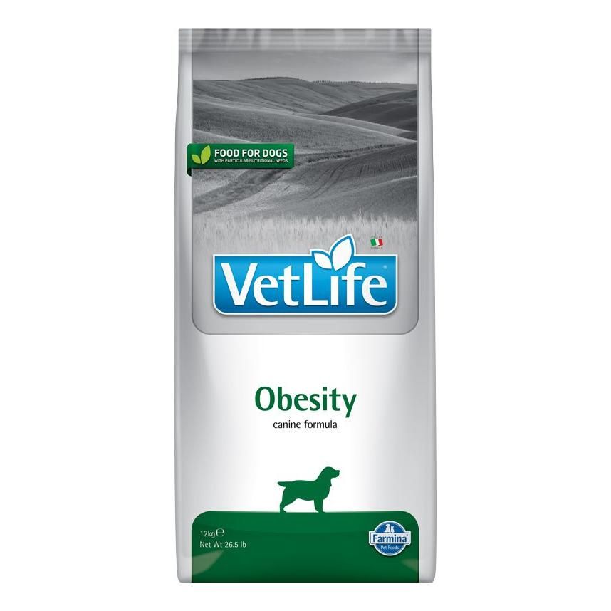 Hundefutterbeutel mit "VetLife"-Logo und "Obesity"-Aufschrift. Grün-weiße Verpackung mit Hunde-Silhouette.