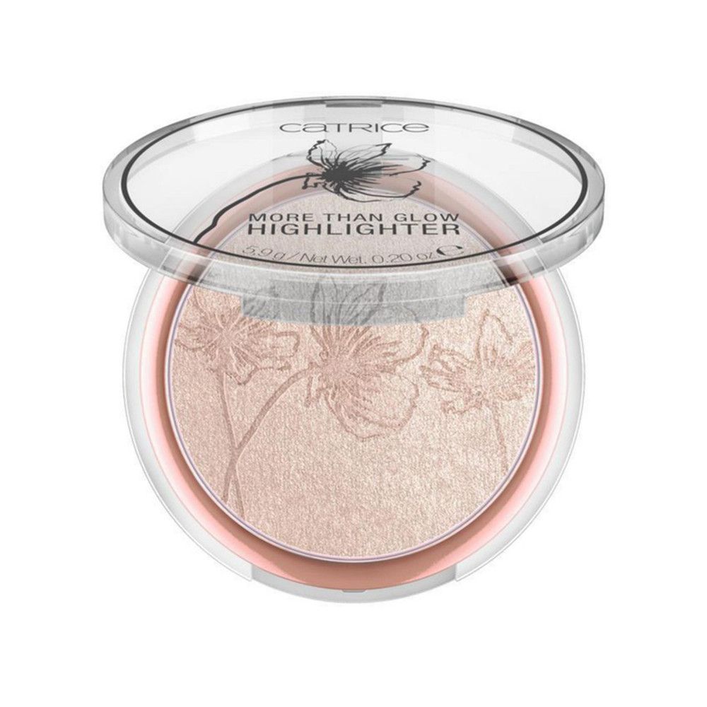 Catrice Highlighter in geöffneter, transparenter Verpackung. Rosa Rand. Blumenmuster. Aufschrift: MORE THAN GLOW HIGHLIGHTER.
